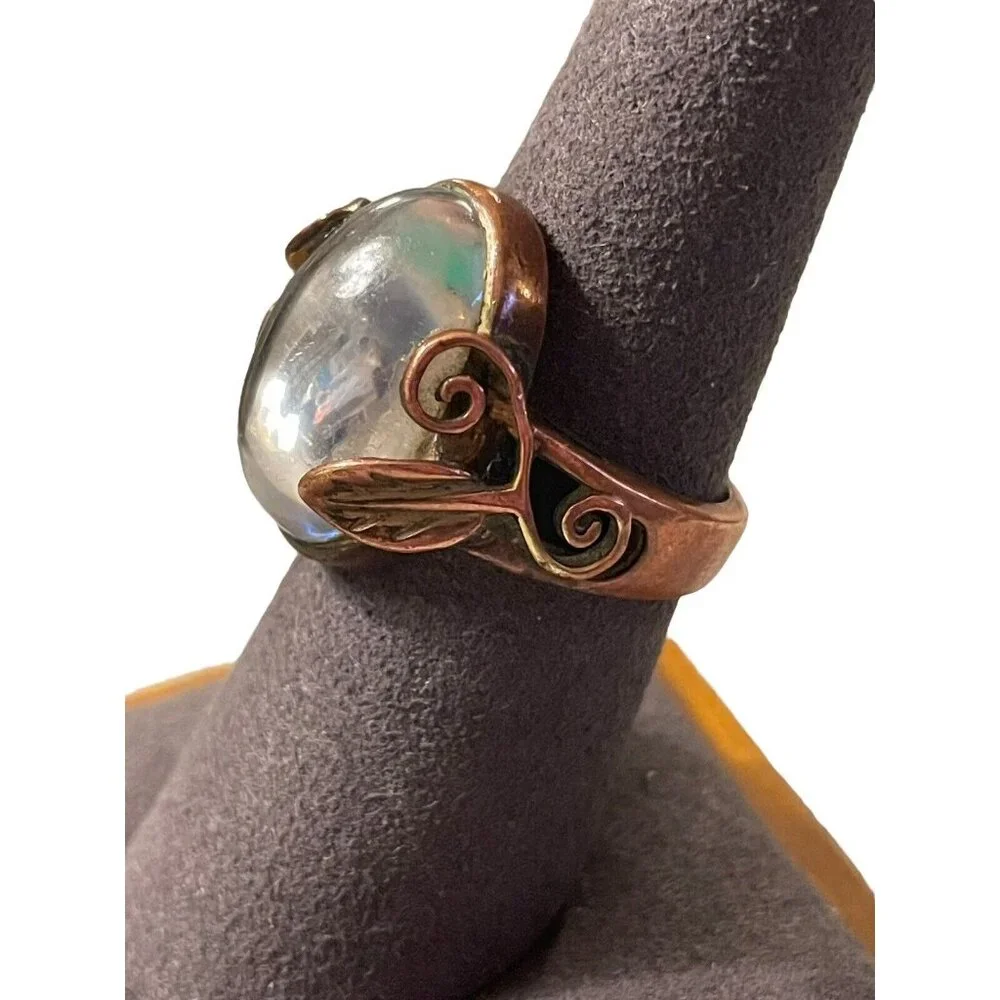 VTG Cabochon Clear Glass Filigree Floral Brass Ring Oval Gypsy Orb‎ MCM Size 7